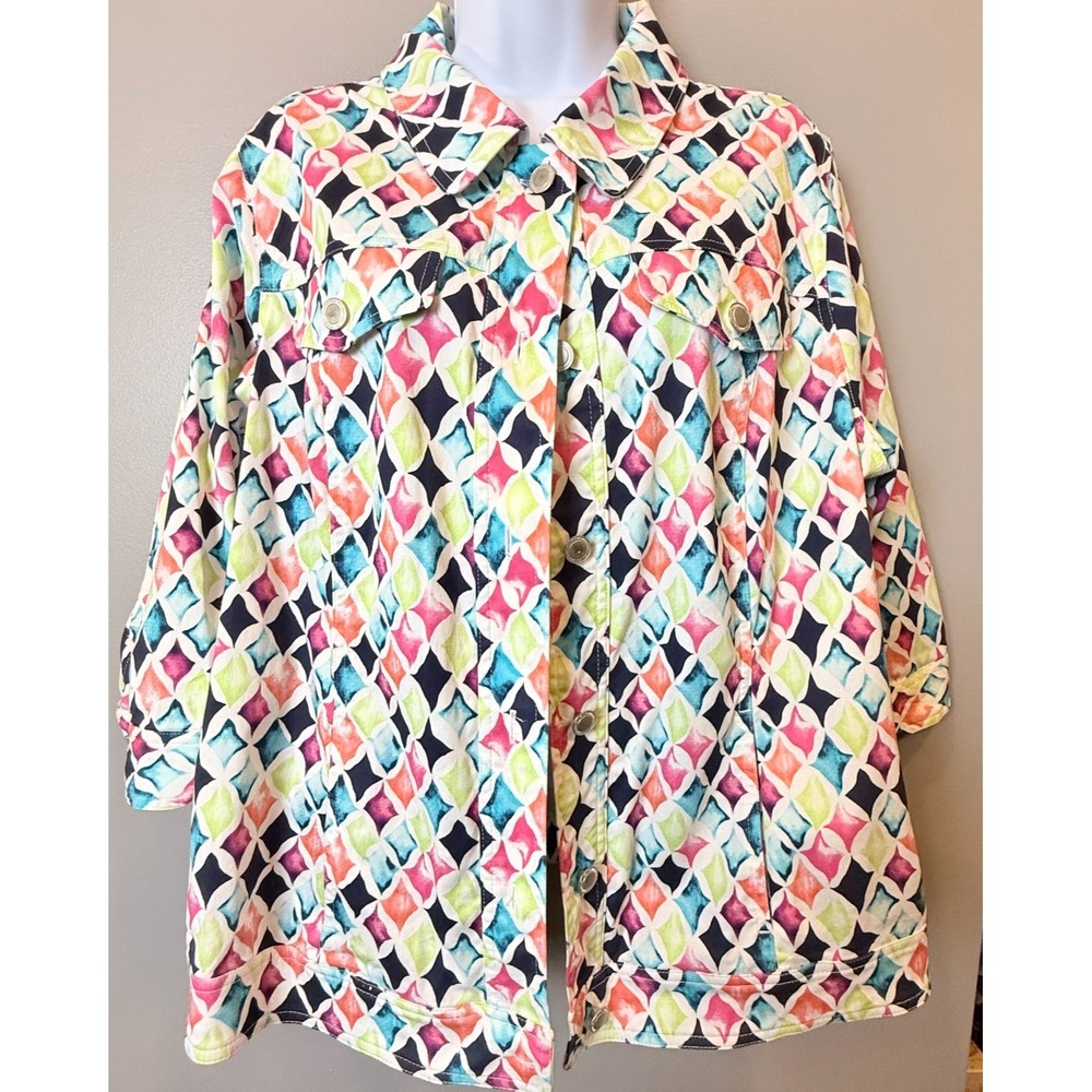 CJ Banks Plus Size 1X Colorful Geometric Button Front Jacket Shirt Shacket